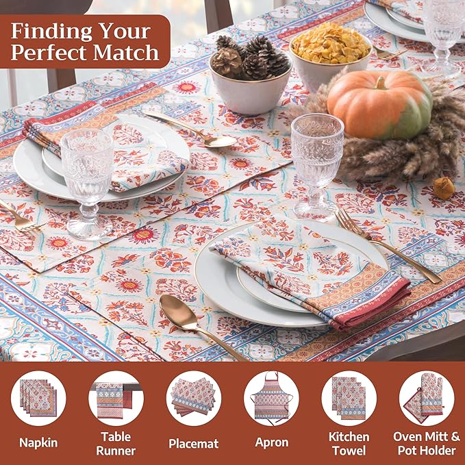 Maison d' Hermine Table Cloth Rectangle Table 100% Cotton 70 x 108 Inches Fall Tablecloth Reusable Everyday Use for Thanksgiving Christmas Decorations Dining Farmhouse Party (Romane)