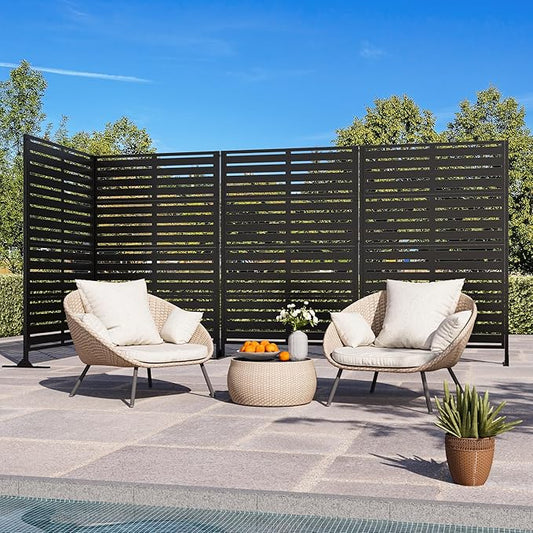 Modern Shade Metal Privacy Screen Outdoor 72" H x 48" W, Stable & Durable Privacy Fence Panels for Instant Privacy & Space Division, Freestanding Decorative Patio Screens for Outdoor, Black (4 Panel)