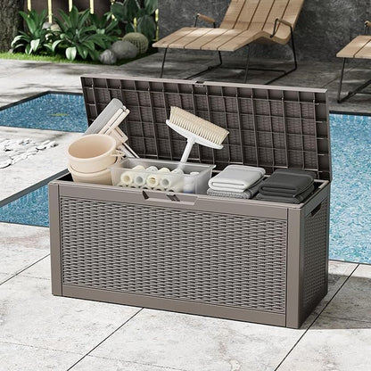 Outdoor Storage Box, 60 Gallon Outside Deck Box Waterproof, Resin Outdoor Storage Cabinet With Lockable Lid, Storage Bench for Garden Tools, Patio Cushions, Pool Tools, Package Delivery, Gray