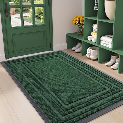 Buganda Front Door Mat Indoor Outdoor Entrance, Non-Slip Natural Rubber Doormats, Easy Clean, Low Profile, Dirt Trapper Entryway Floor Mats for Outside, Garages and Patios, 47x32, Green