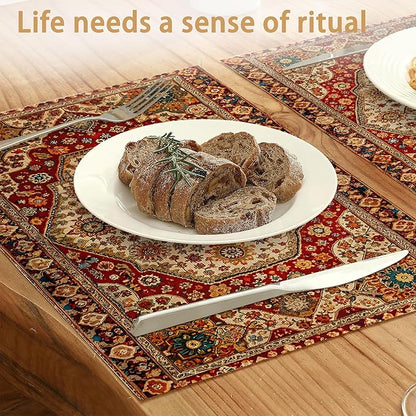Boho Ethnic Placemats Set of 6,Retro Flower Placemats Washable Kitchen Dining Linen Table Mats Stain Heat-Resistant for Home Party Indoor 12x18 inch
