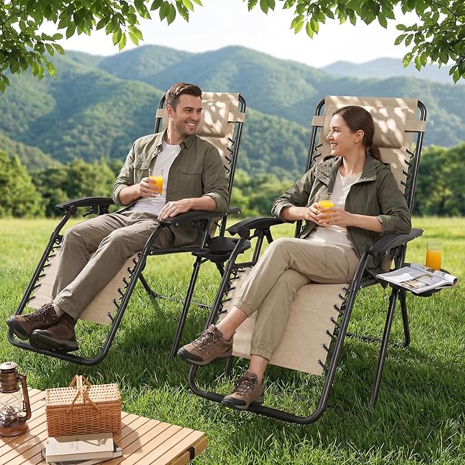 Set of 2 Adjustable Zero Gravity Lounge Chairs Outdoor Recliner w/Cup Holder - Image 2