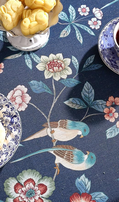 patdrea Designer Dark Blue Linen Rectangle Tablecloth,Vintage Navy French Floral and Birds Pattern Table Cloth,Decoration Table Cover for Kitchen,Dining,Tea Party,Home,Christmas,55"*87"