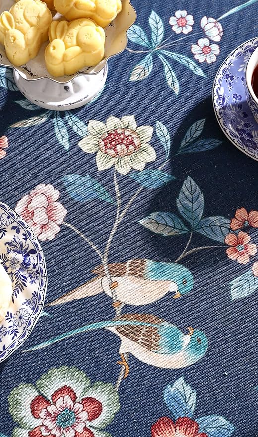 patdrea Designer Vintage Dark Blue Linen Square Tablecloth,Navy French Floral and Birds Pattern Table Cloth,Decoration Table Cover for Kitchen,Dining,Tea Party,Home,Christmas,55"*55"