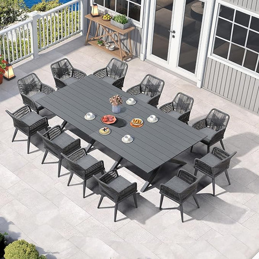 PURPLE LEAF 14 Pieces Outdoor Patio Dining Set All-Weather PE Rattan Furniture Set with All Aluminum Frame Sqaure Table and Chairs Set for 12 People Lawn Garden Backyard Deck, Grey
