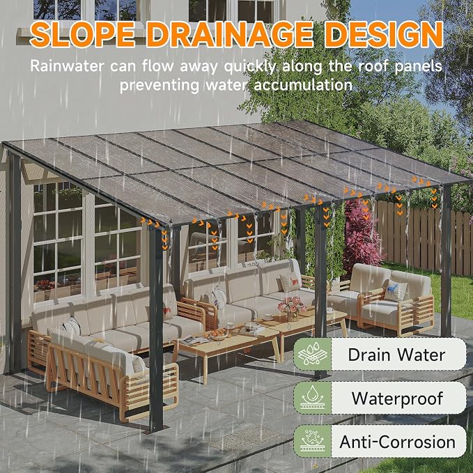 10' x 16' Lean to Gazebo Pergola, Hardtop Gazebo Metal Large Galvanized Steel - Image 6