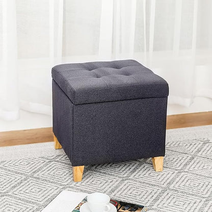 Adeco Fabric Storage Ottoman Bench with Solid Wood Legs, 17.7" Square Dark Grey Cotton Linen Cube Foot Stool, Upholstered Button Tufted Vanity Chair with Hinged Lid for Living Room, Bedroom, Dorm
