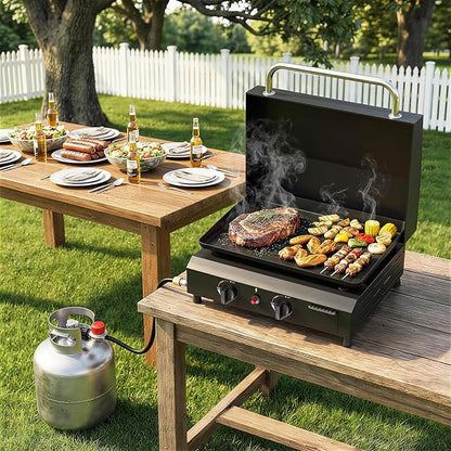 2 Burner BBQ Gas Griddle with Hood, 17.3 Inch Stainless Steel Portable Detachable Propane Griddle, 60,000 BTU Flat Top Grill with Lid for Camping, Black
