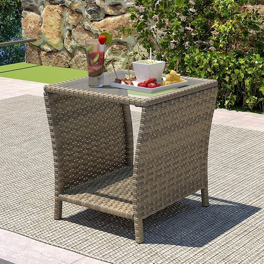 kinbor Small Patio Table - Tempered Glass Top Small Outdoor Wicker Side Table with Storage Shelf for Patio, Balcony & Porch, Durable PE Rattan & Iron Frame