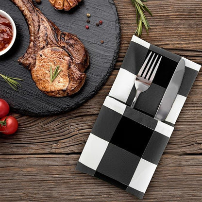 Buffalo Plaid Table Napkins Set of 50 Checkered Cloth Napkins 17x17 inch Washable Dinner Gingham Pattern Napkins Soft Napkins for Wedding Party Dining Banquet(Black and White)