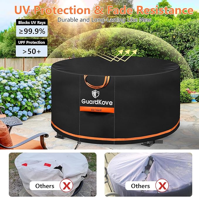 [Upgraded 1000D Heavy Duty Fabric] 44” Fire Pit Cover Round for 42”- 44” Fire Pit/Tables, Waterproof Tear & Fade Resistant Firepit Cover with Buckle, Handle, Drawstring, Air Vent (44”D x 24”H,Black)