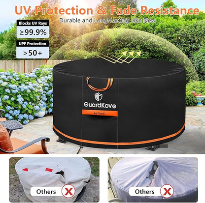 [Upgraded 1000D Heavy Duty Fabric] 50” Fire Pit Cover Round for 48”- 50” Fire Pit/Tables, Waterproof Tear & Fade Resistant Firepit Cover with Buckle, Handle, Drawstring, Air Vent (50”D x 24”H,Black)