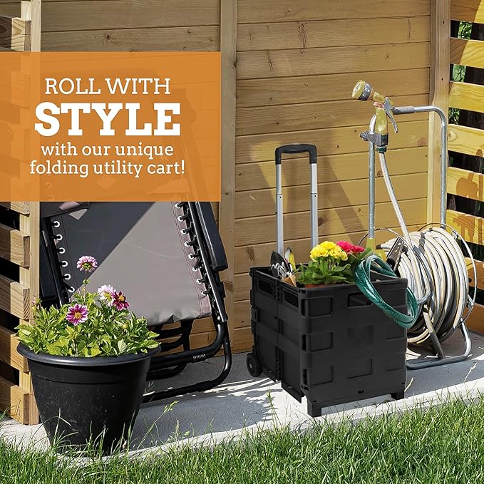 Inspired Living Ultra-Slim Rolling Collapsible Storage Pack-N-Roll Utility-carts, with Telescopic Handle, for Home, Garden, Shopping, Office, School use, Medium, Black