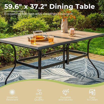 Outdoor Patio Dining Table for 6, 60" x 37" Rectangular Metal Patio Dining Table with Umbrella Hole and Faux Wood Tabletop, All Weather Wrought Iron Black Outdoor Table for Backyard and Porch