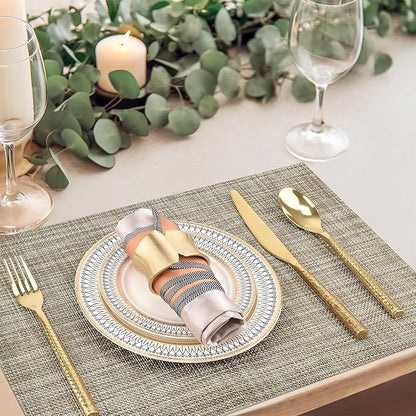 SLKQG Placemats Set of 4 - Easy Clean Washable Vinyl Placemats - Wipeable Heat Resistant Table Mats for Dining Table - 17.7x11.8 Inch (4, Gray & Gold Two-Tone)