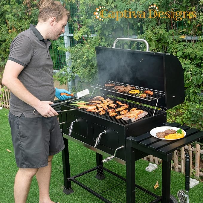 Captiva Designs Extra Large Charcoal BBQ Grill with Oversize Cooking Area(794 SQIN), Outdoor Cooking Grill with 2 Individual Lifting Charcoal Trays and 2 Foldable Side Tables