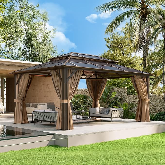 Aoxun 12'x16' Gazebo with Polycarbonate Double Roof, Light Brown | Metal Frame - Image 2