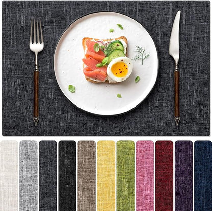 Blue Forest Placemats Set of 8, Dual-Layered Thickened Faux Linen Cloth Place Mats Heat Resistant Machine Washable Wrinkle Free Table Mats Indoor/Outdoor (Dark Grey)