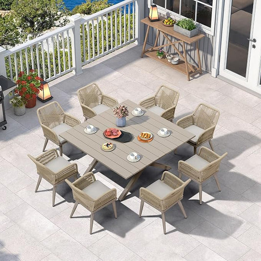 PURPLE LEAF 9 Pieces Outdoor Dining Set All-Weather PE Rattan Outdoor Patio Furniture Set with All Aluminum Frame Square Table and Chairs Set for Lawn Garden Backyard Deck, Champagne