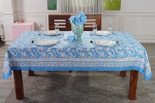 CPC Blue Sapphire 80X120 Inch Rectangle Tablecloth Cotton Indian Block Print Tablecloth Handmade Printed Washable Cotton Table Cloth Spring Summer Weding Table Cover