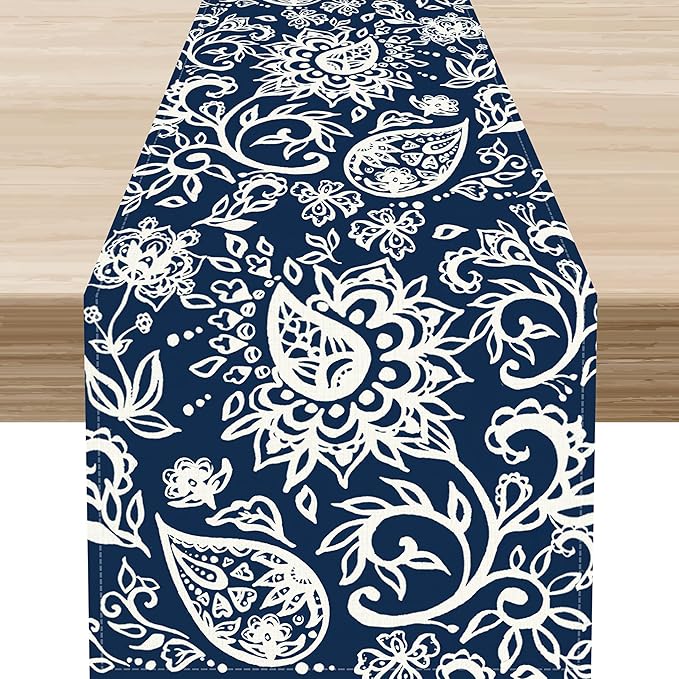 Blue Paisley Table Runner, Vintage Damask Antique Floral Flower Boho Damask Swirled Rustic Coffee Table Center Decor for Family Kitchen and Living Room Outdoor Table Decorations, 13"x72"