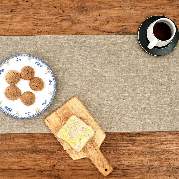 Mebakuk Linen Farmhouse Table Runner Large Burlap Style Soft and Waterproof Decorative Fabric Runner for Outdoor Wedding and Dinner (14 x 90 Inch, Mocha)