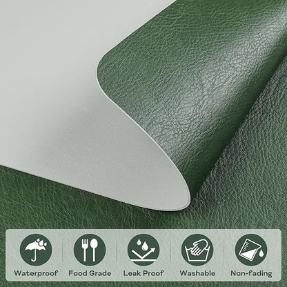 Faux Leather Placemats Set of 6 Table Mats Heat Resistant Reversible Place Mats, Waterproof Wipeable Dining Table Placemats for Home Party Outdoor, 15.8 × 11.8 inches (Green/Grey)