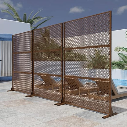 Casaphoria 72" H x 47" W Metal Outdoor Privacy Screen, Freestanding Decorative Divider for Patio, Deck, Balcony, and Garden with Stable Base, Brown-Jason