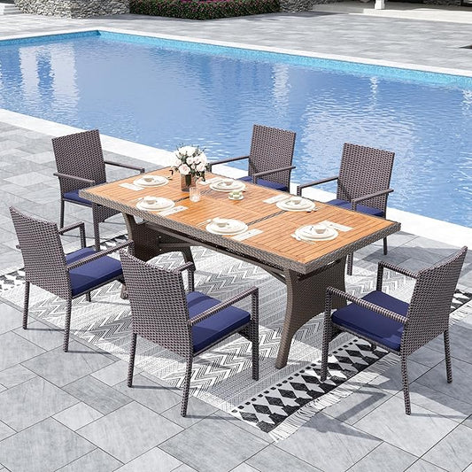 Sophia & William 7 Piece Patio Dining Set, Patio Table and Chairs Set Outdoor Dining Set for 6, Acacia Wood Patio Dining Table Set with PE Rattan Wicker Chairs for Garden, Porch, Backyard