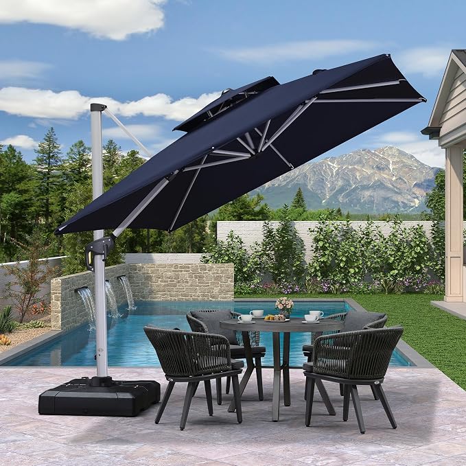 PURPLE LEAF Cantilever Outdoor Umbrella 9' x 9' Square Double Top Navy Blue | - Image 3