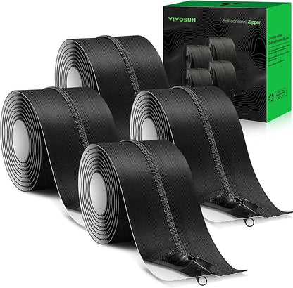 VIVOSUN 4-Pack Self Adhesive Zipper Door for Debris Barriers, 3In. x 7Ft. Peel & Stick, Heavy-Duty & Double-Sided Zipper for Tarp, Greenhouse, Indoor Outdoor Tent, Black
