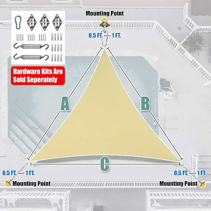 Amgo Custom Size 16' x 16' x 16' Beige Triangle Sun Shade Sail UPF50+ AGTAPT10 - Image 6