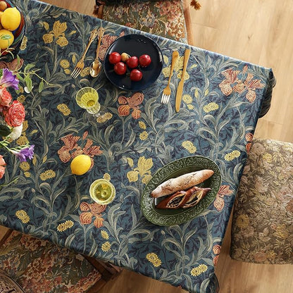 patdrea Designer Vintage Dark Blue Linen Rectangle Tablecloth,French Rustic Floral Pattern Tablecloths,Decorative Table Cover Cloth for Kitchen,Dining,Tea Party,Home,Christmas,63"*87"