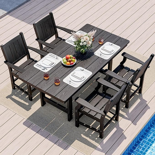 Pamapic 5-Piece Outdoor Dining Set, HDPE Outdoor Rectangular Table and 4 Chairs, Wood Grain Patio Furniture Sets with Armrest, All-Weather Patio Dining Table with Umbrella Hole, Black