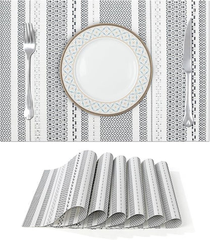 fanquare Sliver Striped Placemats 6 Pack Nordic Style Washable Place Mats Vinyl Woven Heat-Resistant Kitchen Table Mats Indoor & Outdoor Use Table Mat