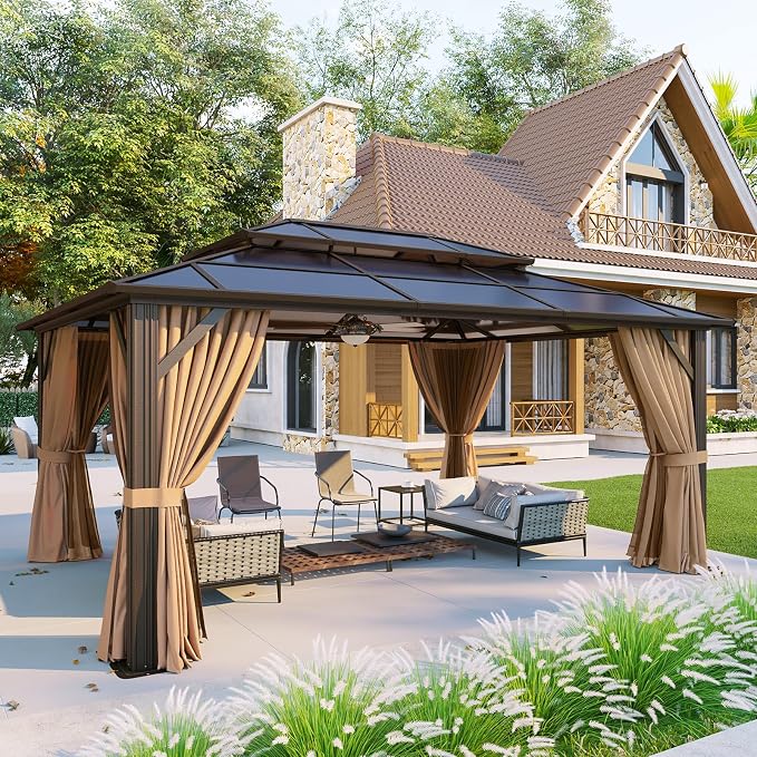 Aoxun 12'x16' Gazebo with Polycarbonate Double Roof, Light Brown | Metal Frame by Aoxun
