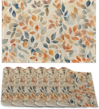 Placemats Set of 6,Autumn Leaves Table Mats,Fall Colorful Washable Linen Table Mats,Non-Slip Heat Resistant Placemats for Party Kitchen Dining Indoor Outdoor 12"x18"