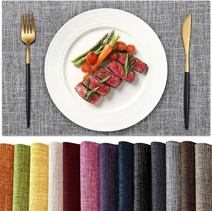 KXN Placemats Set of 8, Dual-Layer Thickened Faux Linen Table Mats, Heat Resistant & Wrinkle-Free, Machine Washable Cloth Place Mats for Kitchen Dining Indoor Outdoor (Light Gray)