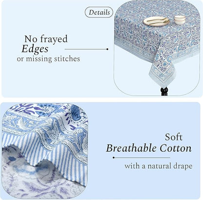 CPC Tablecloth 100% Cotton 72x160 Inch Indian Block Print Rectangle Table Cover, Blue Table Cloth for Weddings, Spring/Summer, Barbeque - Indigo Blue