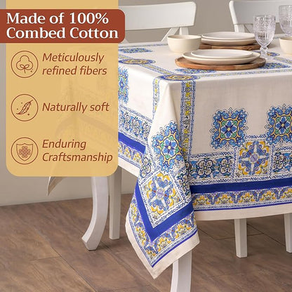 Maison d' Hermine Premium Table Cloth Rectangle Table 100% Combed Cotton 120 x 70 Inches Tablecloth Reusable Decorative for Dining Room, Farmhouse, Home, Party, Festive & Wedding - Sciacca