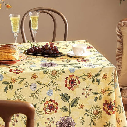 Vintage Linen Tablecloth for Rectangle Table,Yellow Floral French Wrinkle Free Extra Long Tablecloths,Decor Table Cover for Kitchen,Dining,Thanksgiving,Farmhouse,67" × 118"-Bellano