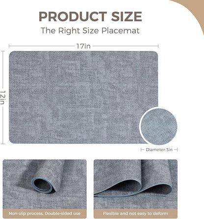 Vinyl Placemats Set of 8, Faux Leather Waterproof and Heat Resistant Place Mats, Washable Anti-Slip Table Mats with Coaster, Wipeable Placemats for Indoor & Outdoor 17" x 12" (Light Blue, Set of 8)