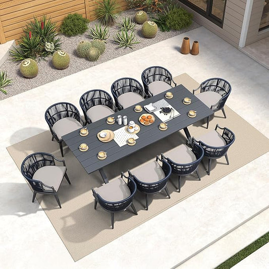 PURPLE LEAF 11 Pieces Outdoor Dining Set All Weather Wicker Patio Dining Set with Rectangular Aluminum Table and Modern Armrest Dining Chairs for Garden Deck Backyard Kitchen, Grey