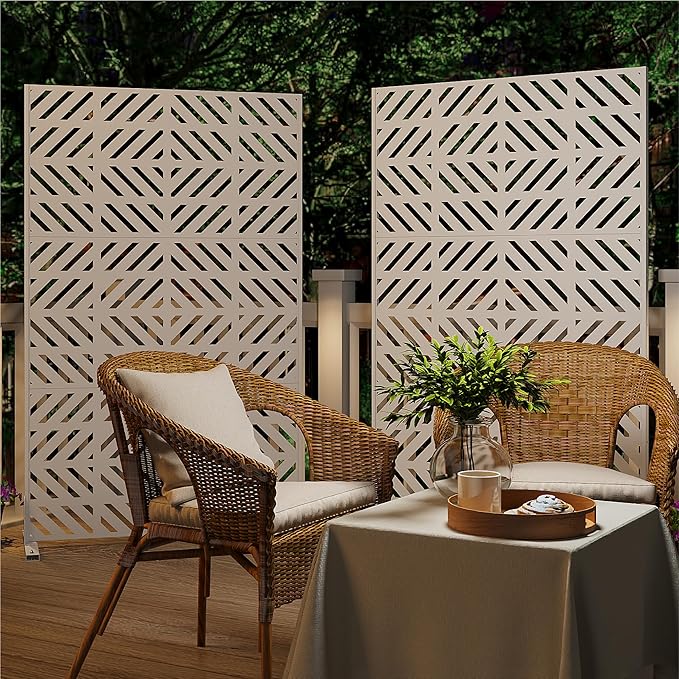Heavy-Duty Outdoor Privacy Screen for Patio, Balcony, Backyard - 72" H * 44" W Metal Room Divider with Geometric Pattern, Anti-Tipping Kit, Weather Resistant, Easy Assembly (White-FGXPF)