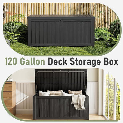 120 Gallon Outdoor Storage Box, Resin Deck Boxes Outdoor Waterproof For Patio Furniture, Garden Tools, Pool Supplies, Lockable And UV Resistant