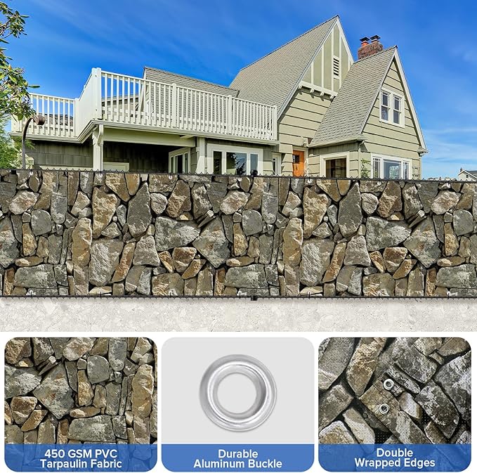 UPGRADE 4'x30'Customized PVC Privacy Fence Screen with Stone Wall Print – Outdoor Waterproof Patio Privacy Cover for Yard, Balcony, Garden Fence Decoration