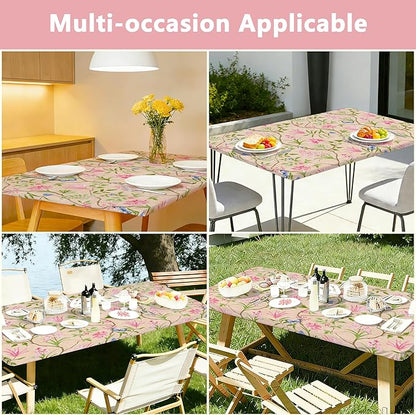 Rectangle Picnic Table Cloth, Elastic Waterproof Fitted Vinyl Tablecloths for 8 Foot Tables, Wipeable Flannel Backed Table Covers for Dining, Camping, Outdoor(Pink Flower,36"x96")
