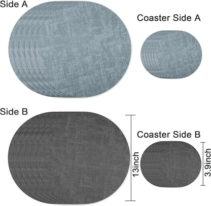 13-Inch Faux Leather Round Placemats Set of 6, Waterproof Anti-Slip Dual Sided Place mats, Heat Resistant Washable Table Mats with Coaster, Suitable for Indoor & Outdoor (6, Black Light Blue)