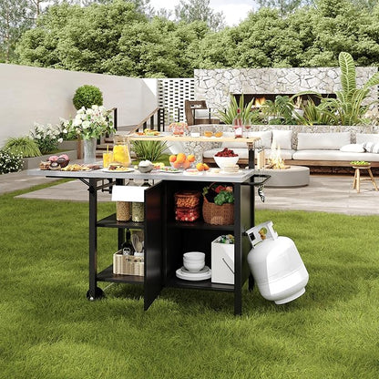 Multi-Layer Outdoor Grill Table Bar Grill Cart with Storage Cabinet, Outdoor Kitchen Island Prep Station with Foldable Side Shelf, Pizza Oven Table for Lawn & Garden