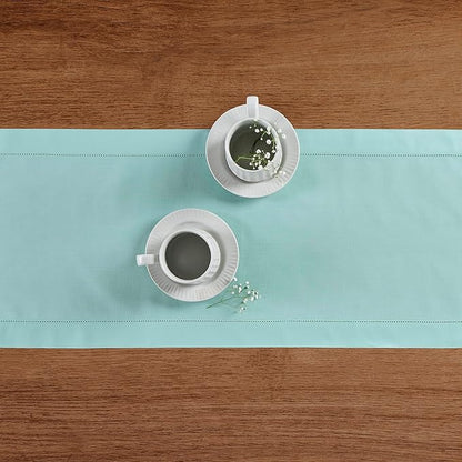 Solino Home Cotton Linen Table Runner 48 Inches - Pastel Turquoise Hemstitch Table Runner 14 x 48 Inch Ideal for Dresser and Coffee Tables, Spring, Easter